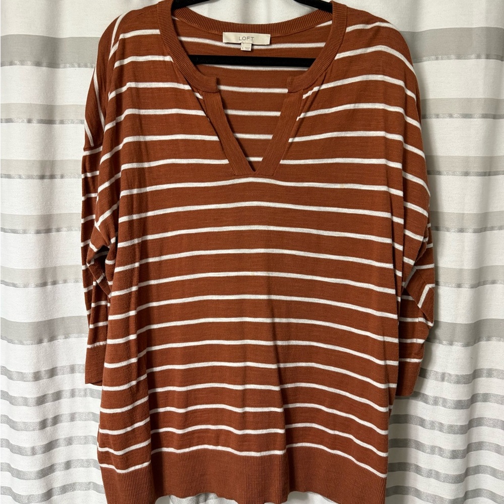 LOFT Burnt Orange and White Striped V-Neck Top- Large